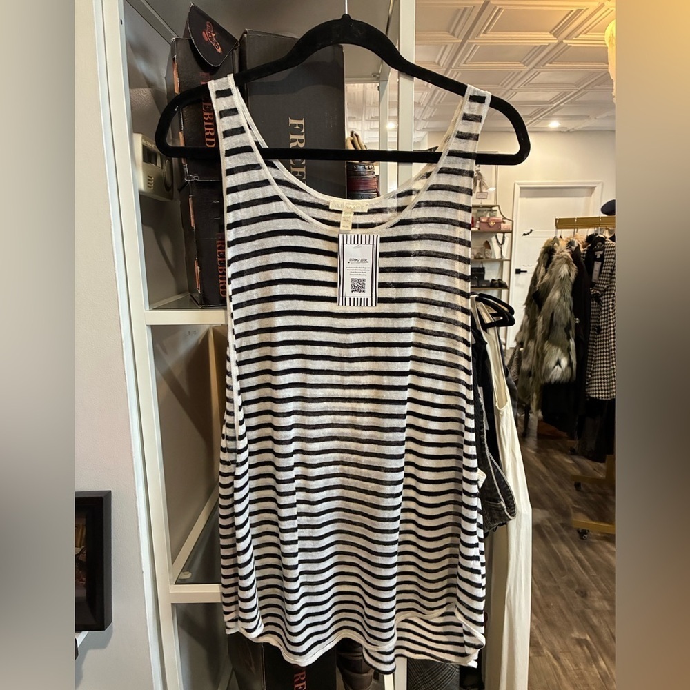Eileen Fisher linen white and black striped tunic tank size. n